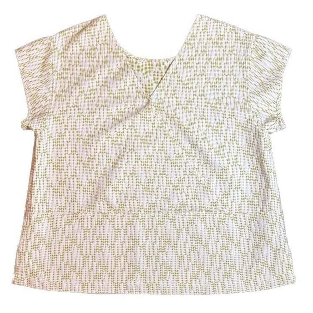 REI Women's Short Sleeve V-Neck Top, Chartreuse and White Geometric Pattern, S